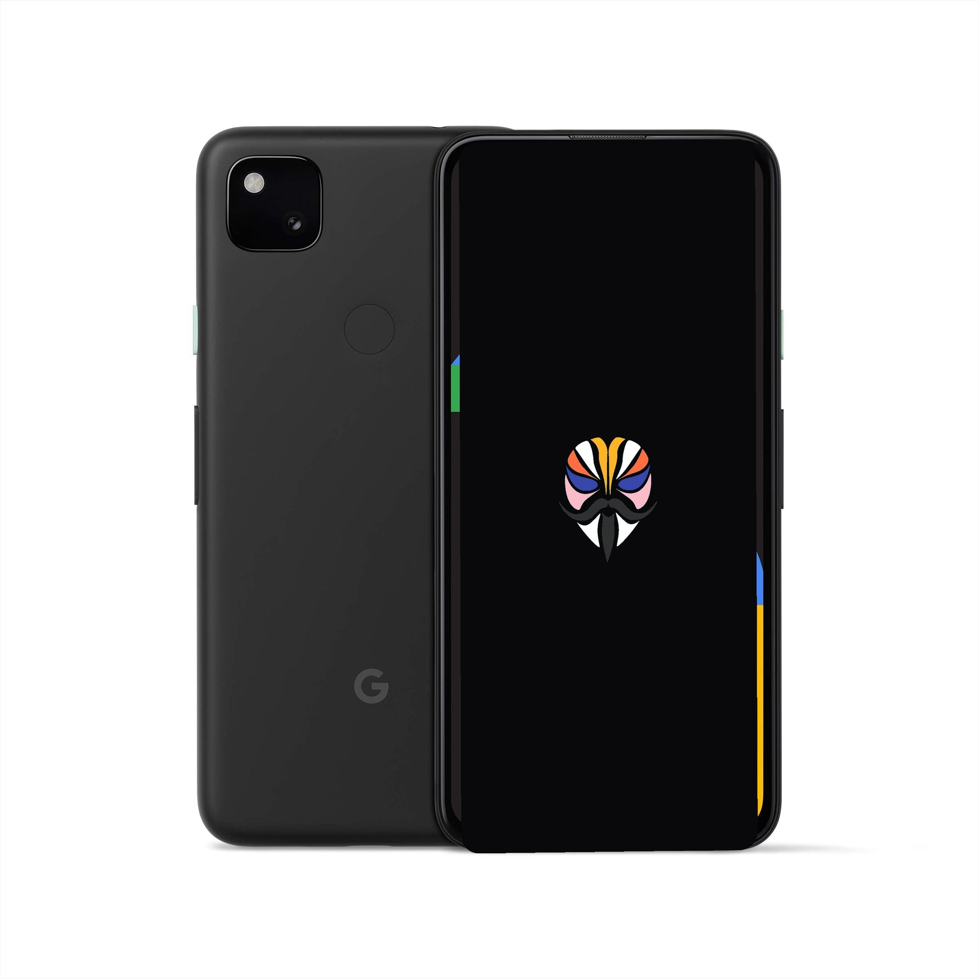 Google Pixel 4a rooted with Magisk — black screen showing the Magisk logo