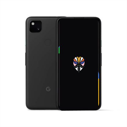 Google Pixel 4a rooted with Magisk — black screen showing the Magisk logo