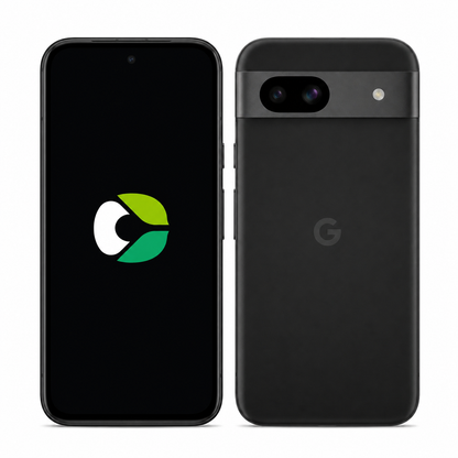 Google Pixel 8a front and rear with CalyxOS logo on the black front screen