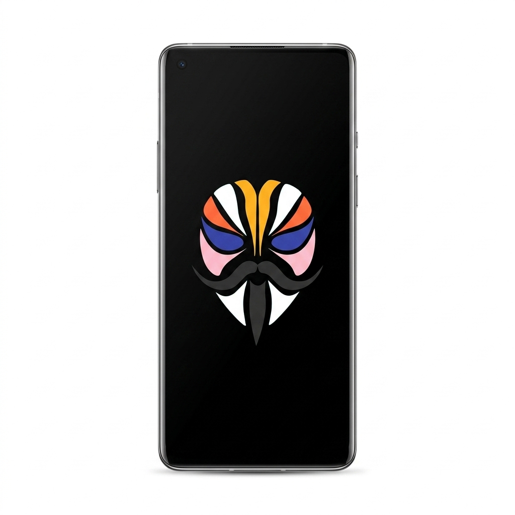 OnePlus 8 rooted with Magisk — black screen showing the Magisk logo on a white background