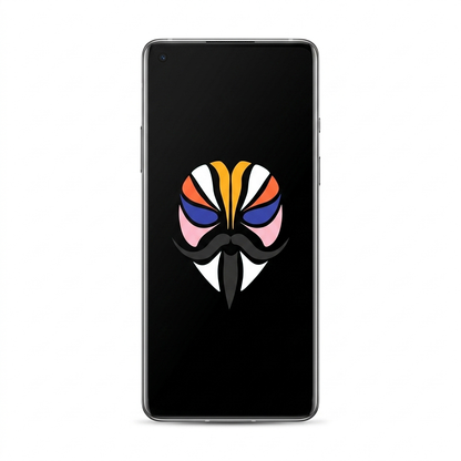 OnePlus 8 rooted with Magisk — black screen showing the Magisk logo on a white background