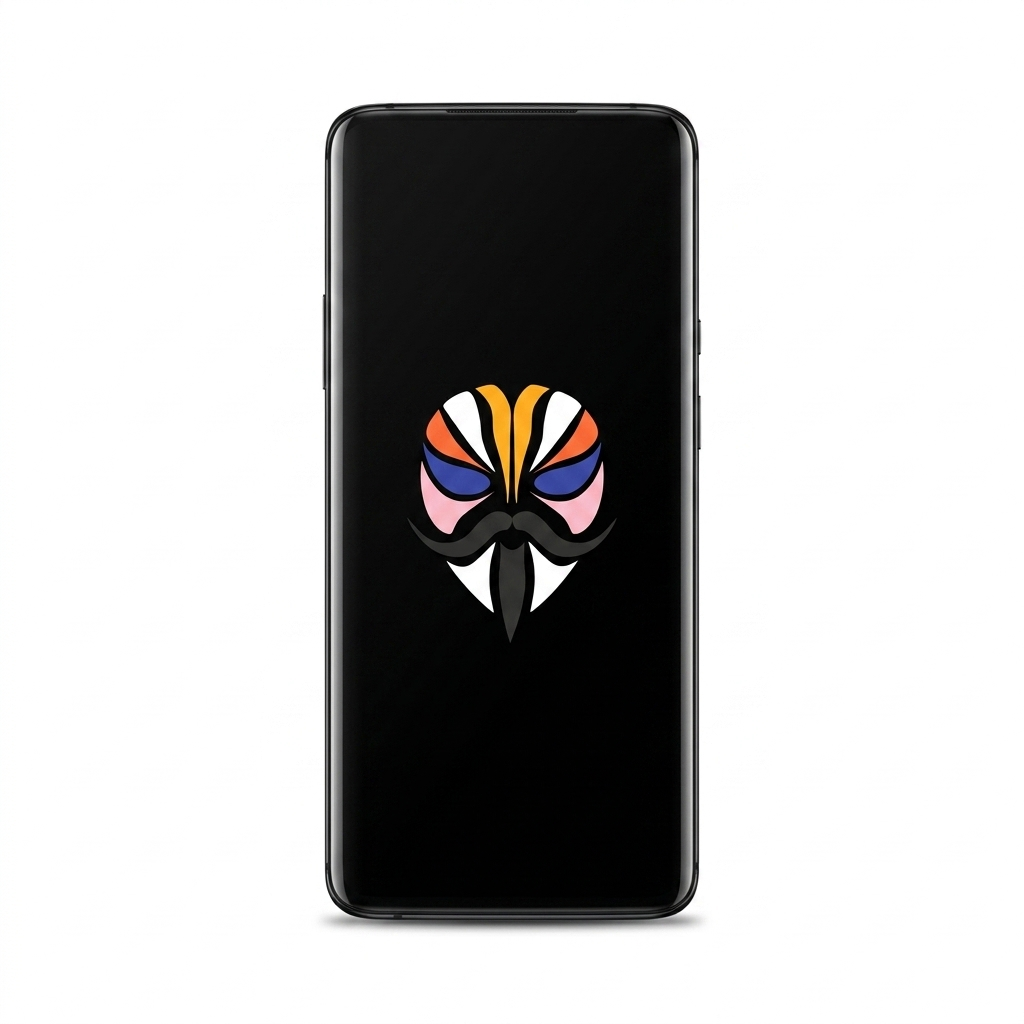OnePlus 7T Pro rooted with Magisk — black screen with the Magisk logo, white background