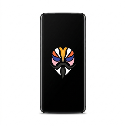 OnePlus 7T Pro rooted with Magisk — black screen with the Magisk logo, white background