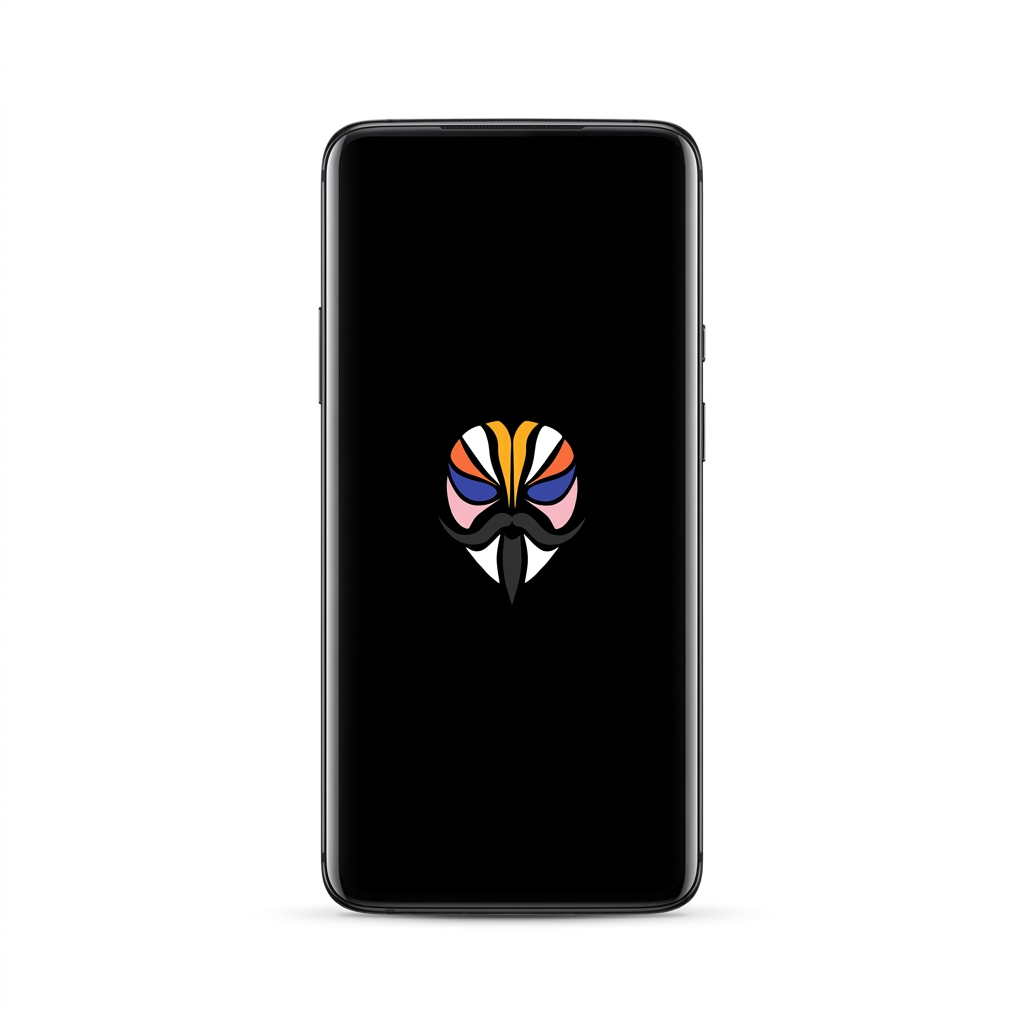 OnePlus 7 Pro rooted with Magisk — black screen with the Magisk logo, white background