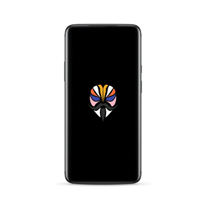 OnePlus 7 Pro rooted with Magisk — black screen with the Magisk logo, white background