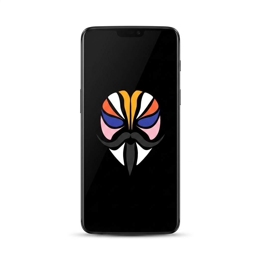 OnePlus 6 rooted with Magisk — black screen with the Magisk logo, white background