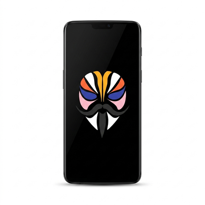 OnePlus 6 rooted with Magisk — black screen with the Magisk logo, white background