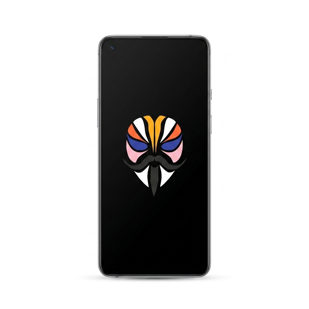 OnePlus 8T rooted with Magisk — black screen with the Magisk logo, white background