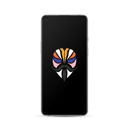 OnePlus 8T rooted with Magisk — black screen with the Magisk logo, white background
