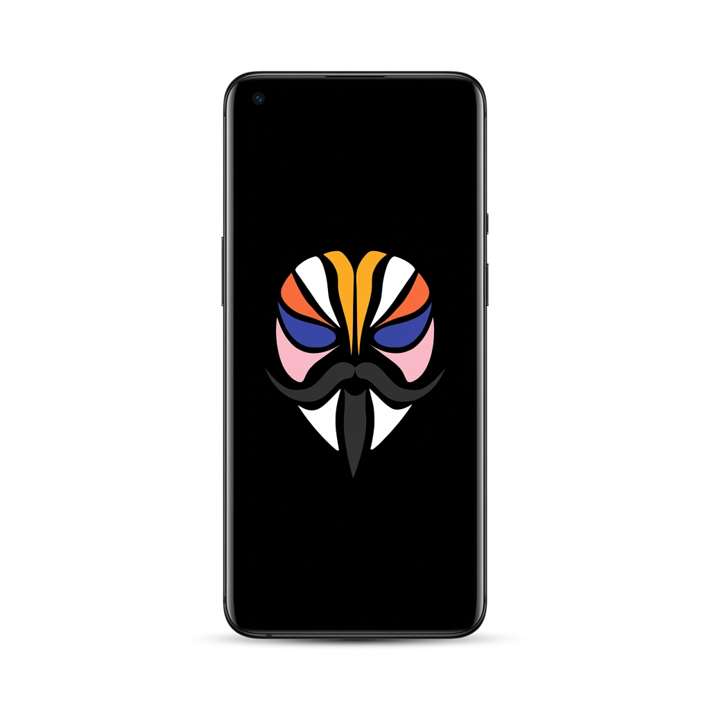 OnePlus 10 Pro rooted with Magisk — black screen with the Magisk logo, white background