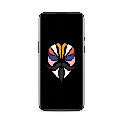 OnePlus 10 Pro rooted with Magisk — black screen with the Magisk logo, white background