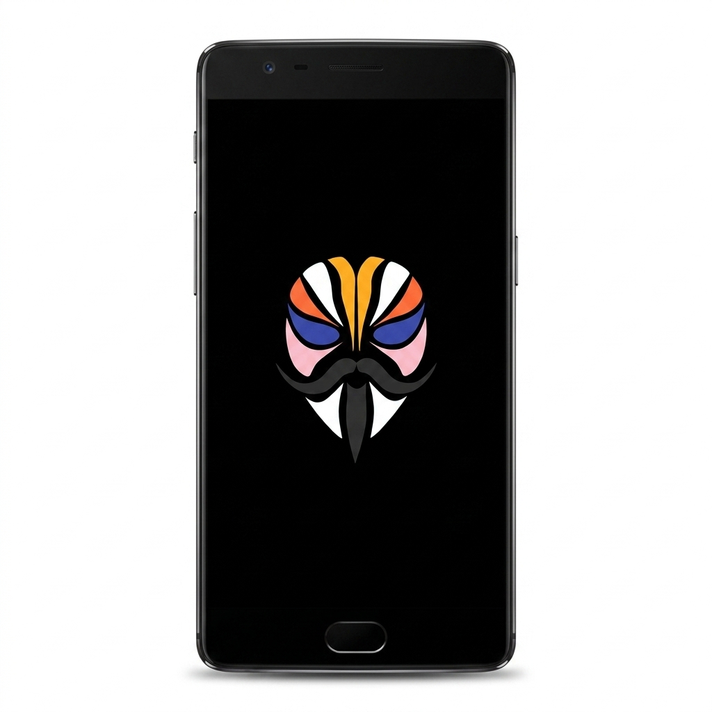 OnePlus 3T rooted with Magisk — black screen with the Magisk logo, white background