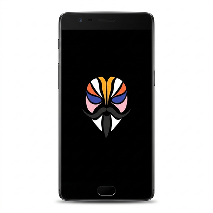 OnePlus 3T rooted with Magisk — black screen with the Magisk logo, white background