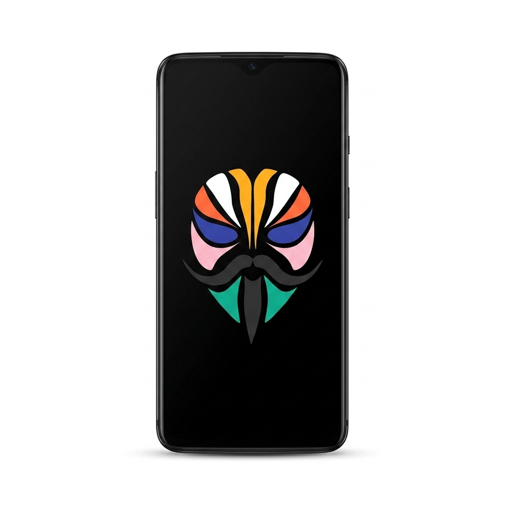 OnePlus 7 rooted with Magisk — black screen with the Magisk logo, white background
