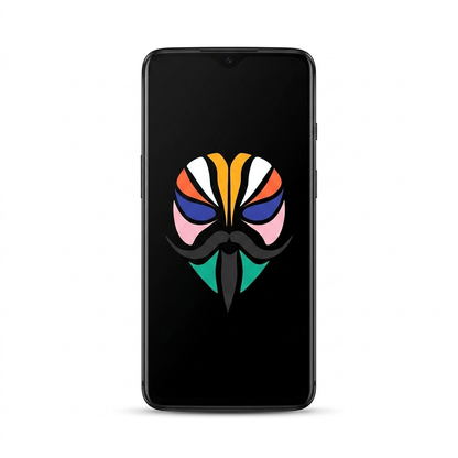 OnePlus 7 rooted with Magisk — black screen with the Magisk logo, white background