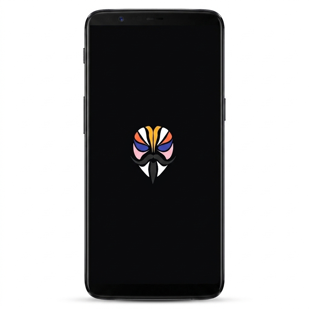 OnePlus 5T rooted with Magisk — black screen with the Magisk logo, white background