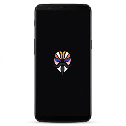 OnePlus 5T rooted with Magisk — black screen with the Magisk logo, white background