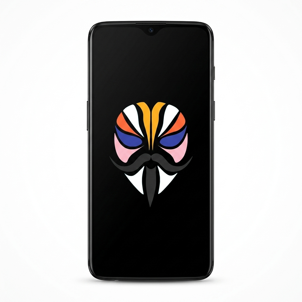 OnePlus 6T rooted with Magisk — black screen with the Magisk logo, white background