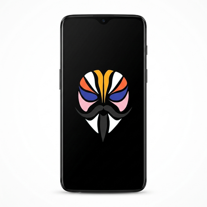 OnePlus 6T rooted with Magisk — black screen with the Magisk logo, white background