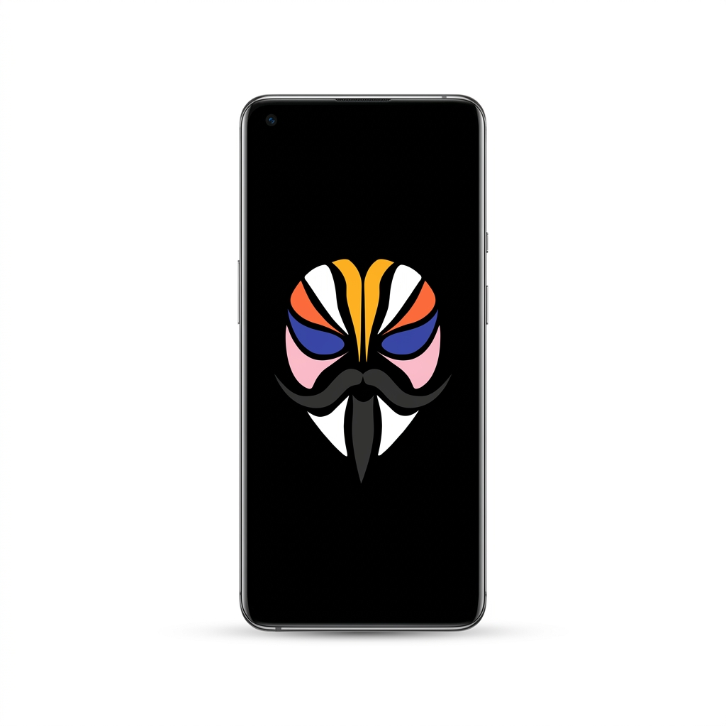 OnePlus 9 Pro rooted with Magisk — black screen with the Magisk logo, white background