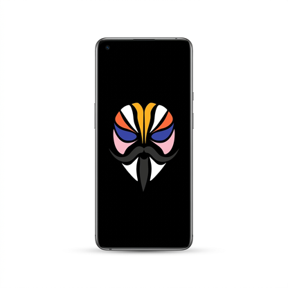 OnePlus 9 Pro rooted with Magisk — black screen with the Magisk logo, white background