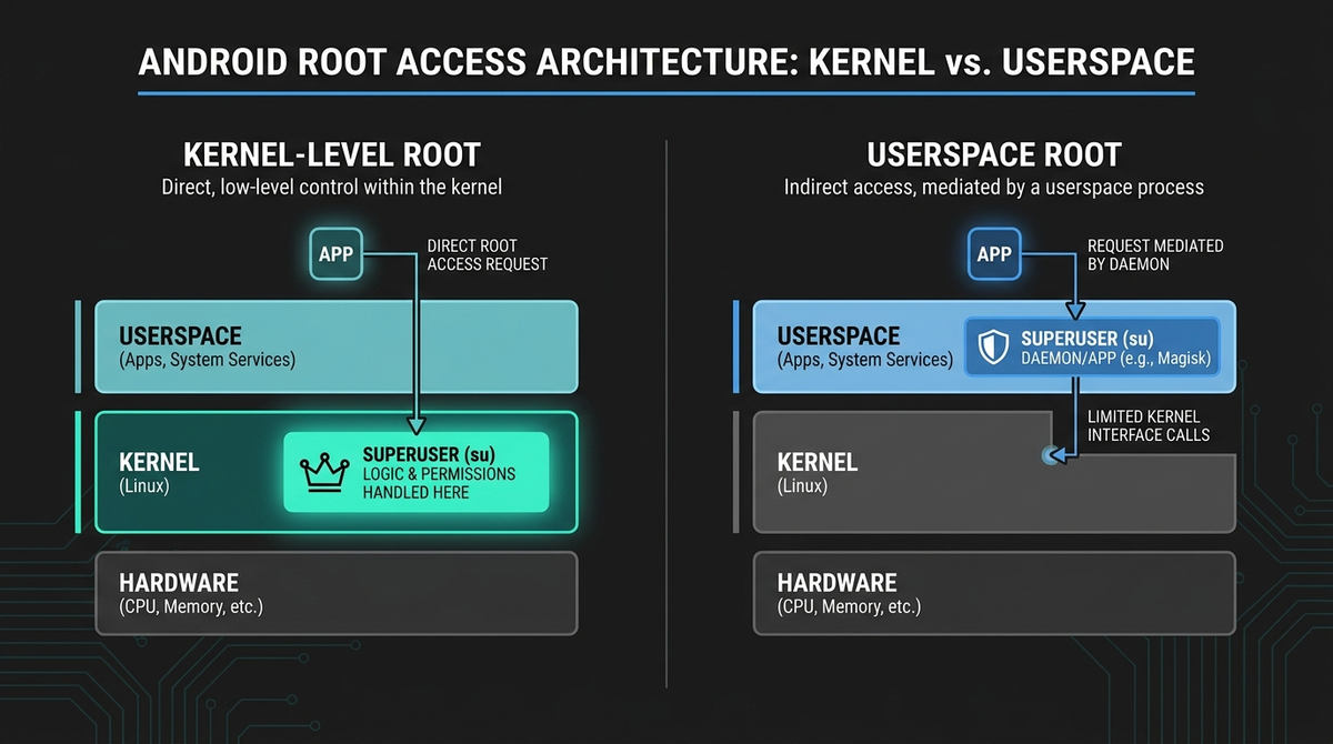 Kernel-level root versus userspace root on Android