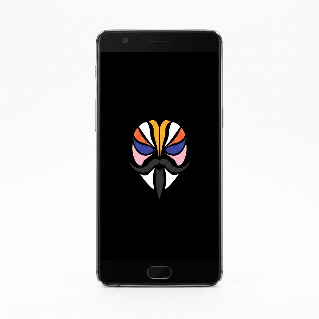 OnePlus 3 rooted with Magisk — black screen with the Magisk logo, white background