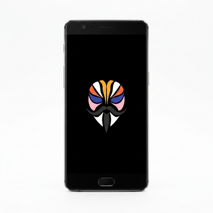 OnePlus 3 rooted with Magisk — black screen with the Magisk logo, white background