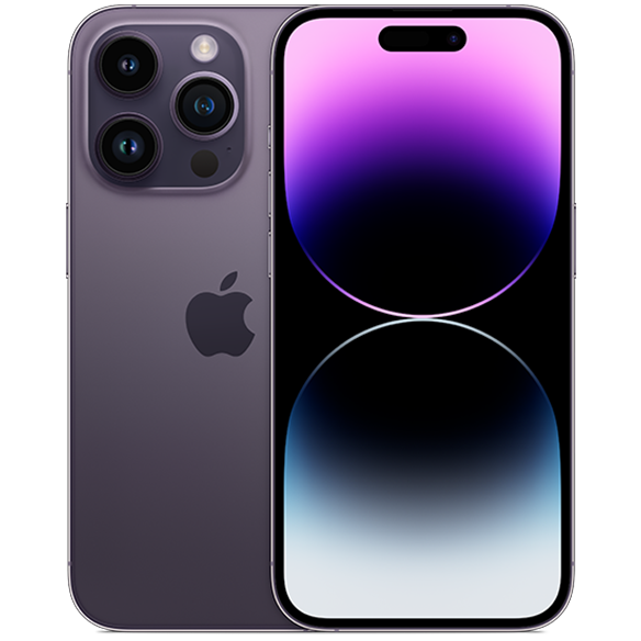 Apple iPhone 14 Pro in Deep Purple, front and rear