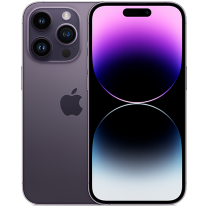 Apple iPhone 14 Pro in Deep Purple, front and rear