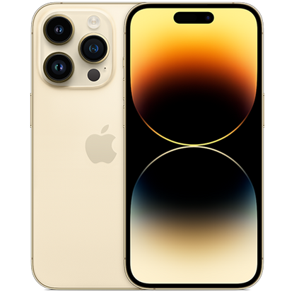 Apple iPhone 14 Pro in Gold, front and rear