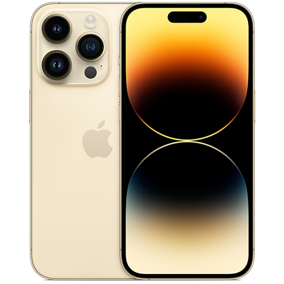Apple iPhone 14 Pro in Gold, front and rear