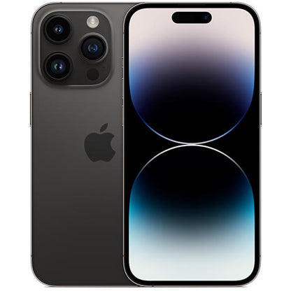 Apple iPhone 14 Pro in Space Black, front and rear