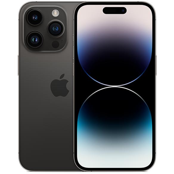Apple iPhone 14 Pro in Space Black, front and rear