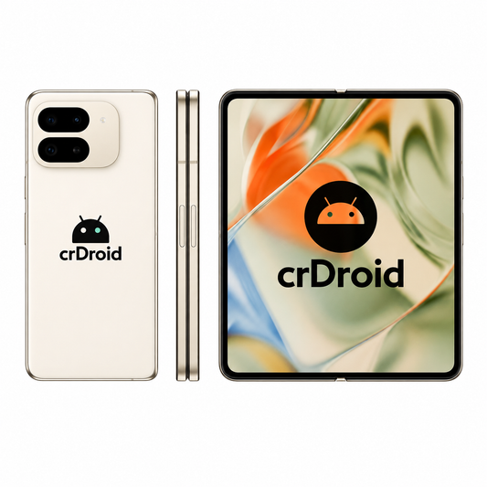 Google Pixel 9 Pro Fold with crDroid shown in full from the rear, side and unfolded screen