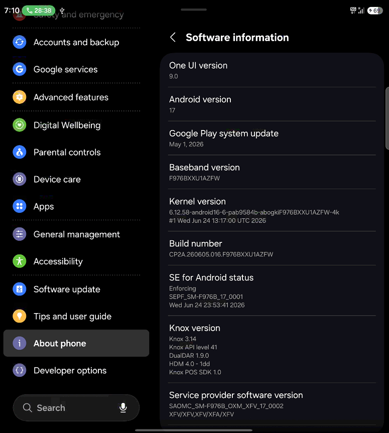Galaxy Z Fold8 Ultra software information showing Android 17 and One UI 9.0