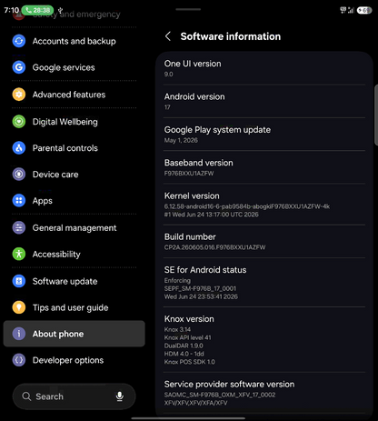Galaxy Z Fold8 Ultra software information showing Android 17 and One UI 9.0