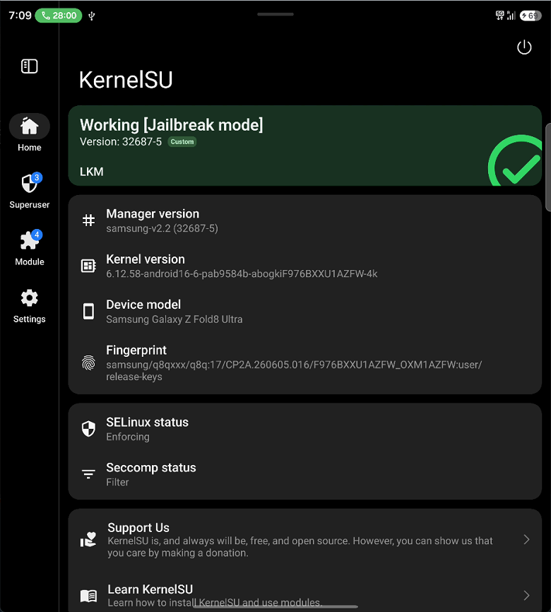 KernelSU working in jailbreak mode on Samsung Galaxy Z Fold8 Ultra