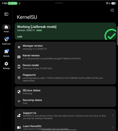 KernelSU working in jailbreak mode on Samsung Galaxy Z Fold8 Ultra