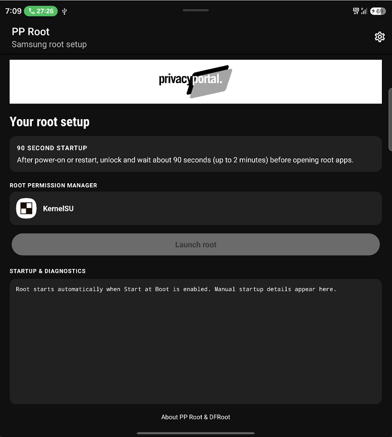 PP Root setup screen on Samsung Galaxy Z Fold8 Ultra with KernelSU and startup guidance