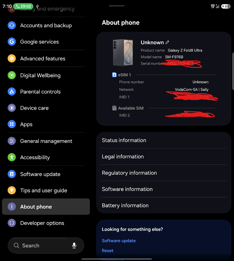 Samsung Galaxy Z Fold8 Ultra SM-F976B About phone screen with device identifiers redacted
