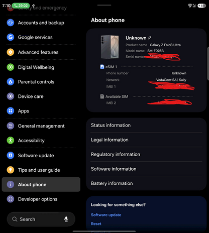 Samsung Galaxy Z Fold8 Ultra SM-F976B About phone screen with device identifiers redacted